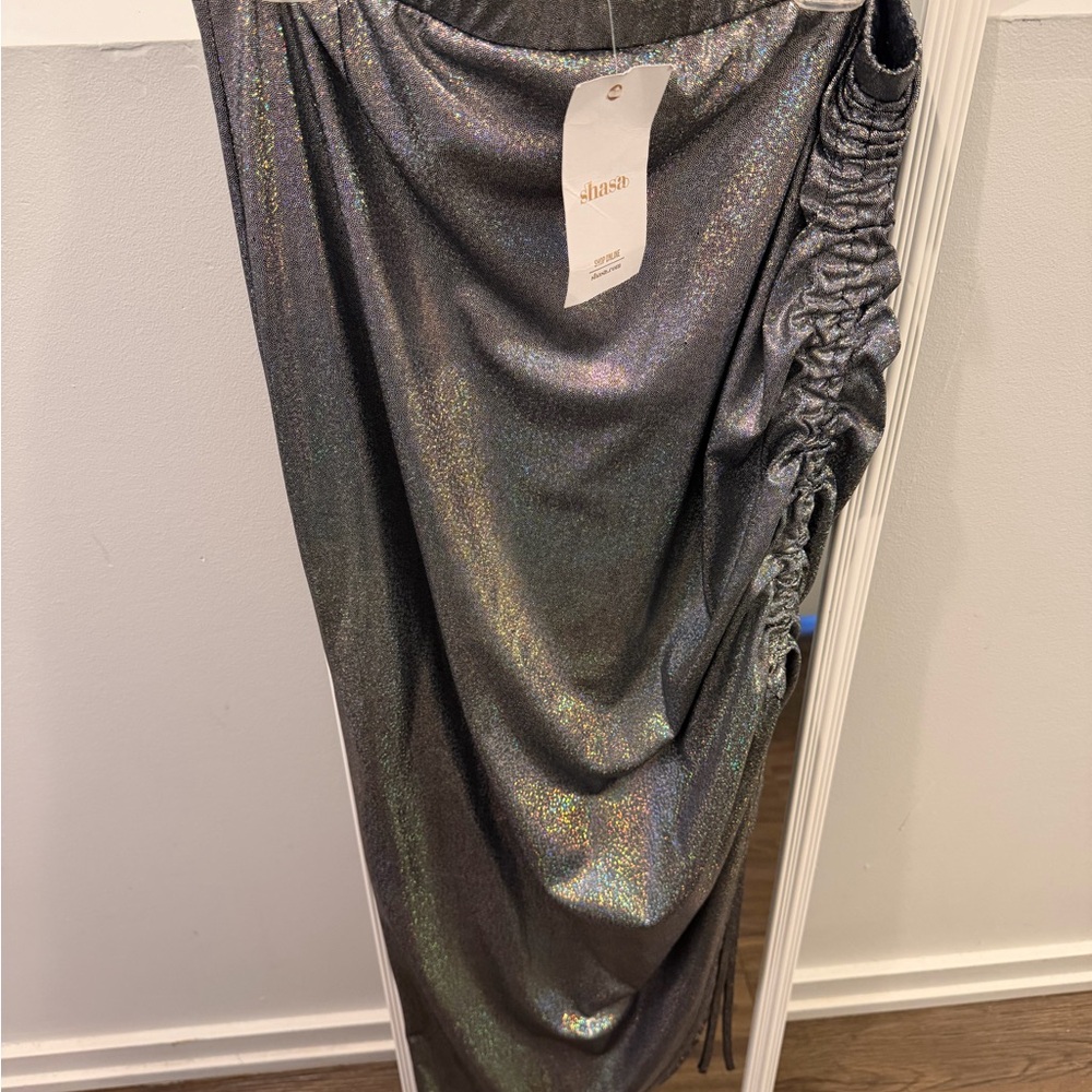 Shasa Iridescent Black Midi Skirt with Side Ruching
